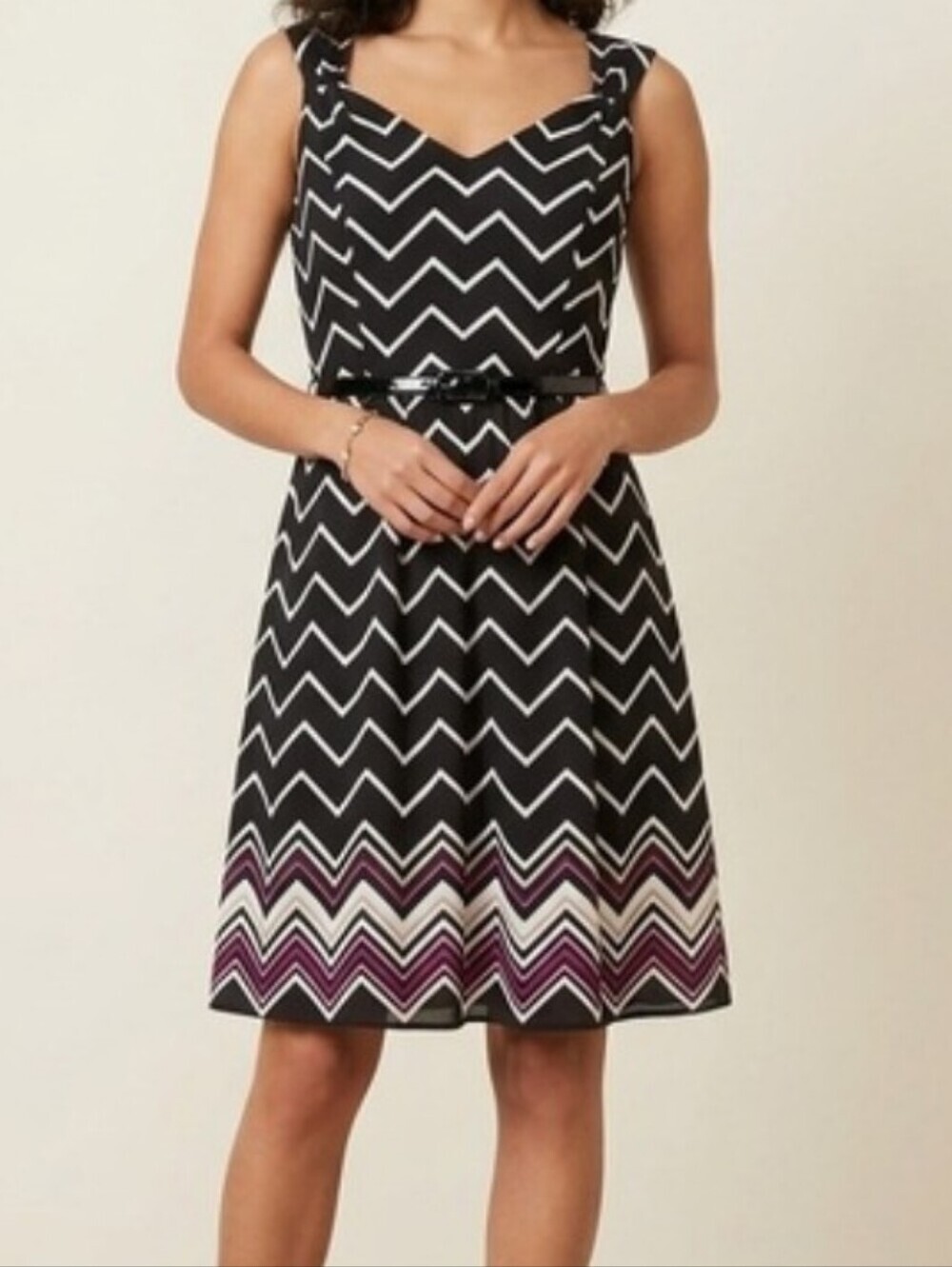 Silk White House Black Market Black Chevron A-Line Mini Dress with Purple Hem 0